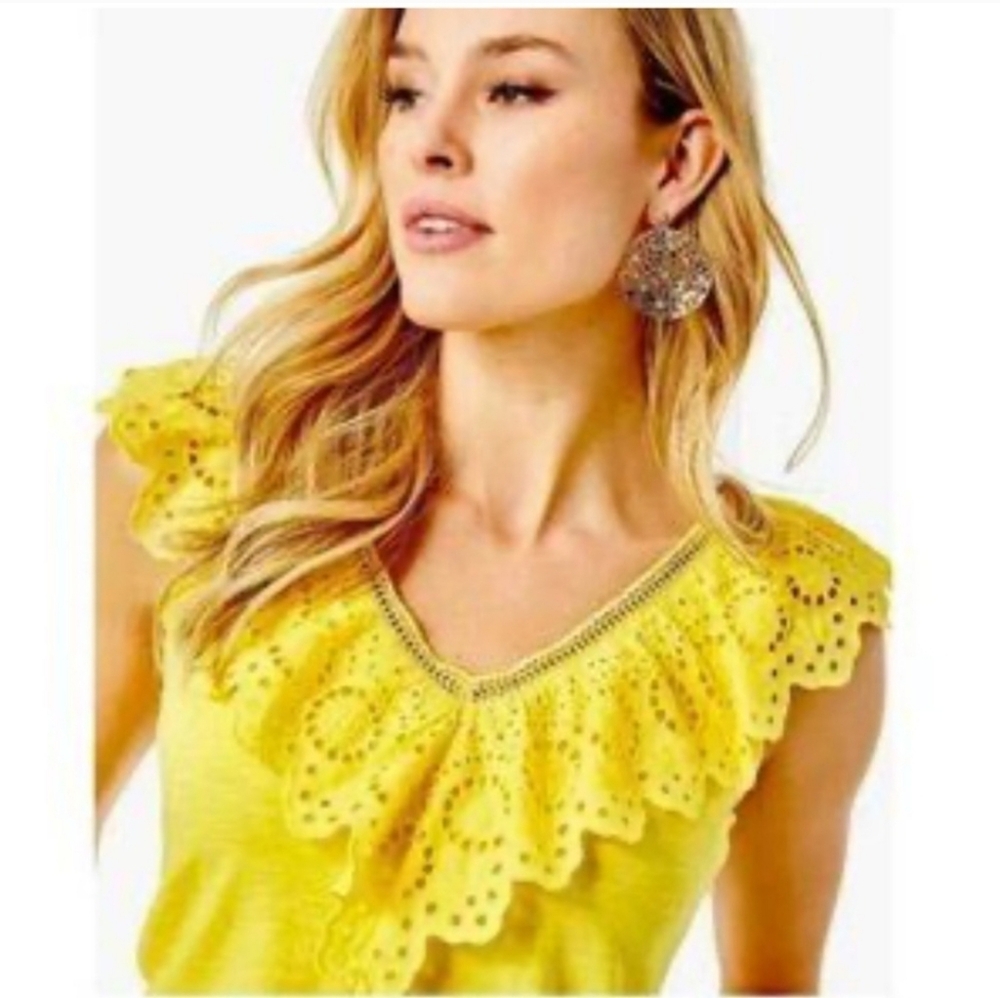 Lilly Pulitzer Plaza Top Resort Yellow Eyelet Ruffle Tank | M